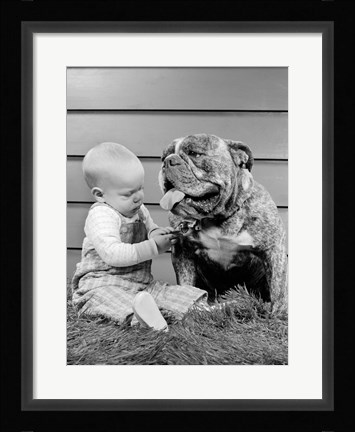 Framed 1950s 1960s Baby Sitting Playing With Bulldog Print