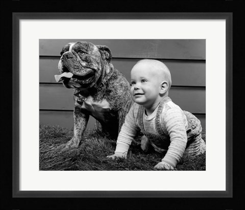 Framed 1950s 1960s Baby Seated Next To Bulldog In Grass Print