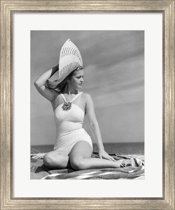 Framed 1930s 1940s Woman In Bathing Suit On Beach Wearing Big Hat Print