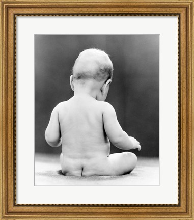 Framed 1930s Naked Baby Sitting On Bare Bottom Behind Print