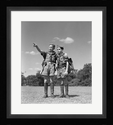 Framed 1950s Two Boy Scouts One Pointing Wearing Hiking Gear Print