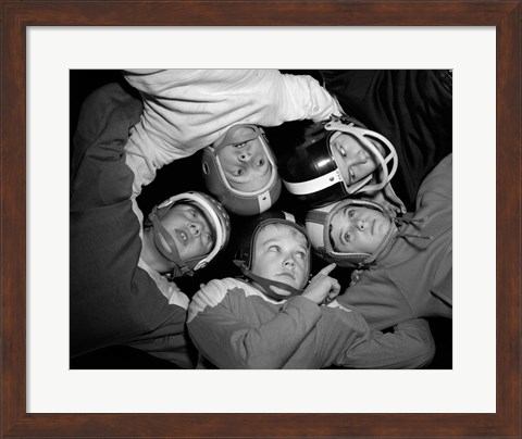 Framed 1960s Five Boys In Huddle Wearing Helmets &amp; Football Jerseys Print