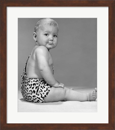 Framed 1960s Grumpy Expression Baby In Leopard Costume Print