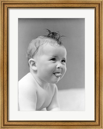 Framed 1940s Cute Baby Sticking Out Tongue Print