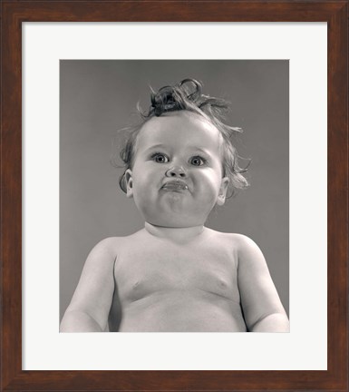 Framed 1950s Portrait Baby With Messy Hair &amp; Pursed Lips Print