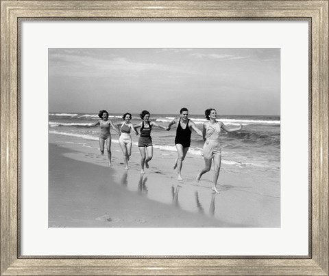 Framed 1930s Four Women And One Man Running On Beach Print