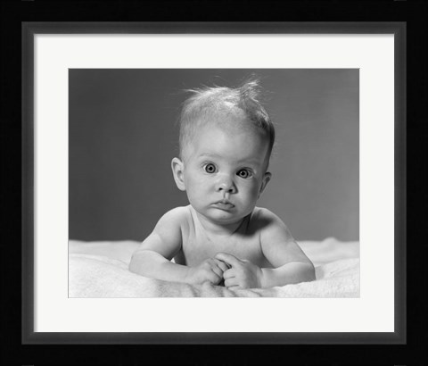 Framed 1960s Baby Lying On Stomach With Messy Hair Print