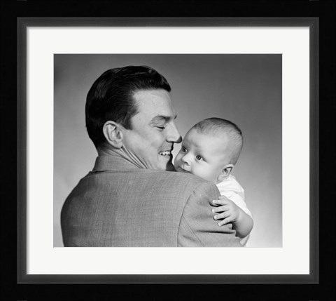Framed 1950s Proud Smiling Father Holding Baby Face To Camera Print