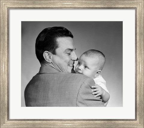 Framed 1950s Proud Smiling Father Holding Baby Face To Camera Print