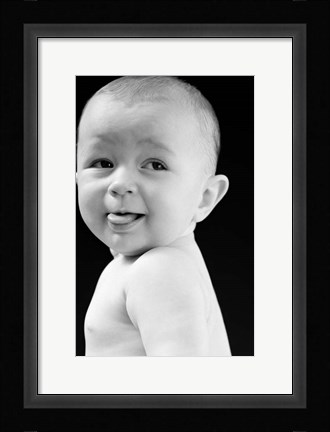 Framed 1940s 1950s Baby Smiling Sticking Out Tongue Print