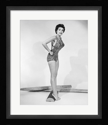 Framed 1950s Pin-Up  Of Woman Wearing Leopard Skin Bathing Suit Print