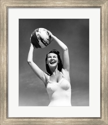 Framed 1940s Woman In White Bathing Suit Holding A Beach Ball Print