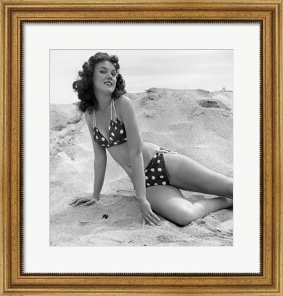 Framed 1950s 1960s Brunette Bathing  Stretched Out On Sand? Print