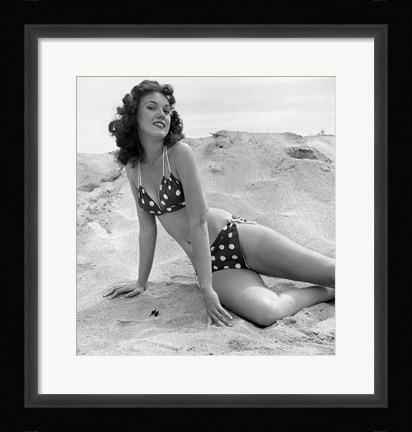 Framed 1950s 1960s Brunette Bathing  Stretched Out On Sand? Print