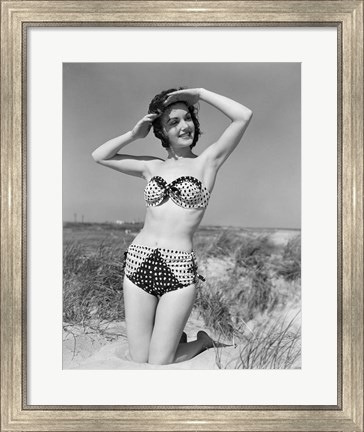 Framed 1950s Young Woman Kneeling In Grassy Sand Print