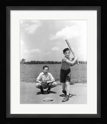 Framed 1930s Two Boys Batter And Catcher Playing Baseball Print