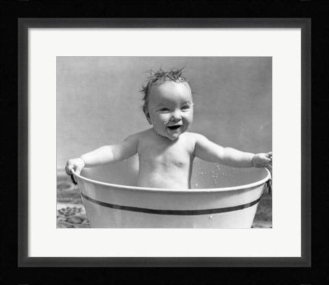 Framed 1920s 1930s Wet Baby Girl Sitting In Metal Wash Tub Print