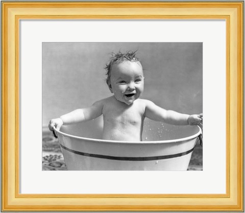 Framed 1920s 1930s Wet Baby Girl Sitting In Metal Wash Tub Print