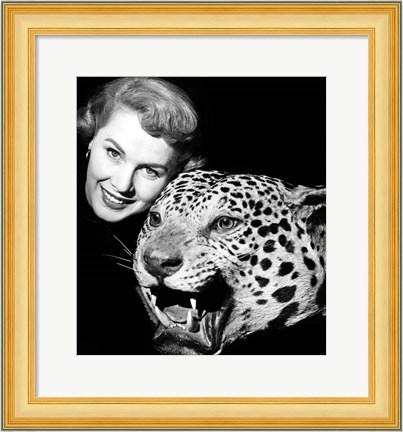 Framed 1950s Woman Face Posed With Growling Stuffed Leopard Head Print
