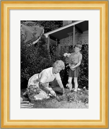 Framed 1960s Boy Helping Grandmother Plant Flowers Print