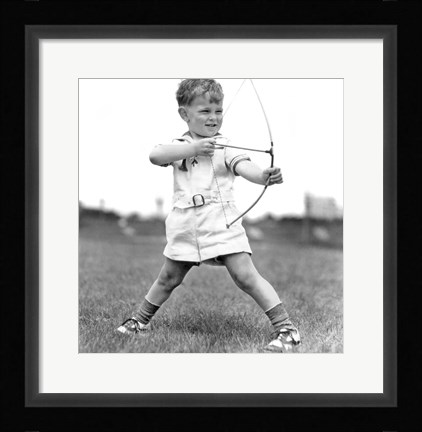 Framed 1930s Boy Outdoors Aiming Toy Bow And Arrow Archery Print