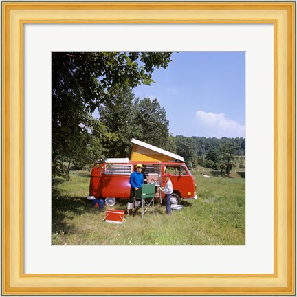 Framed 1970s Father And Son Cooking At Campsite Print