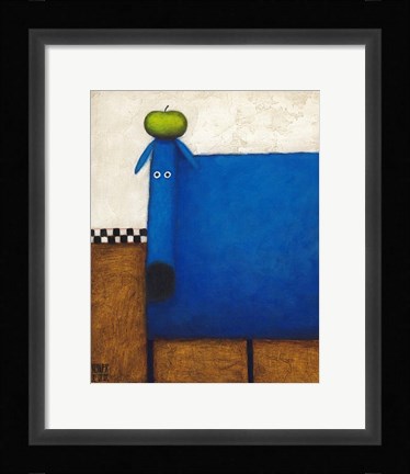 Framed Blue Dog With Apple Print