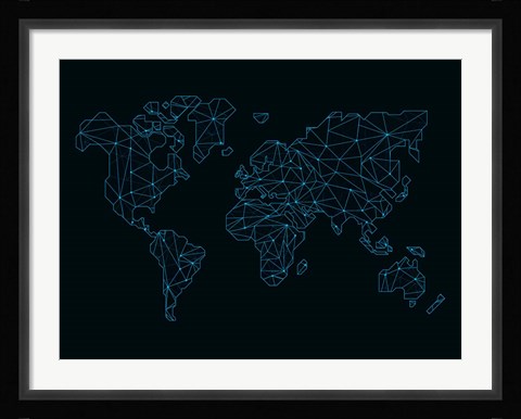 Framed World Map Blue Wire Print