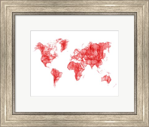 Framed World Map Red Drawing Print