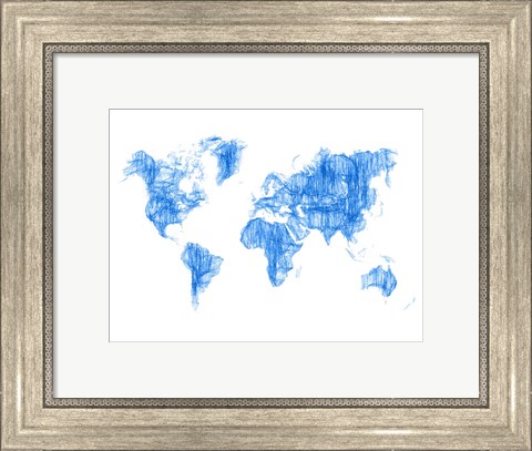 Framed World Map Blue Drawing Print