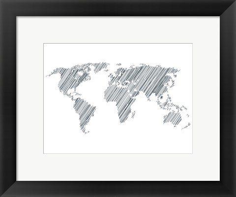 Framed Pencile Scribble World Map 1 Print