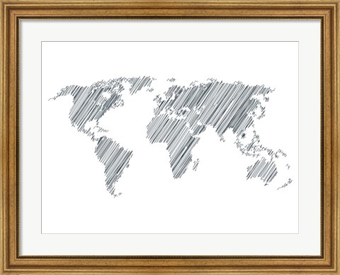 Framed Pencile Scribble World Map 1 Print