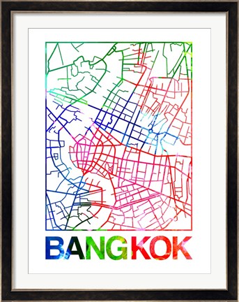 Framed Bangkok Watercolor Street Map Print