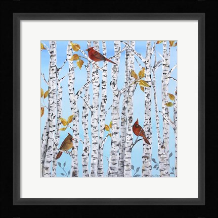 Framed Cardinals Among The Birch  -  B Print