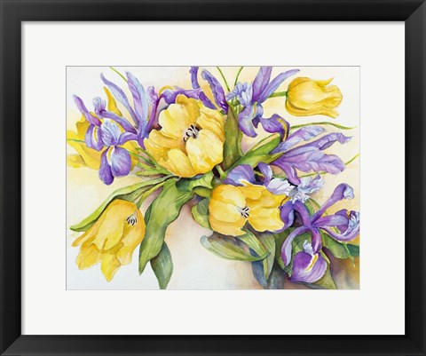 Framed Yellow Tulips with Blue Iris Print