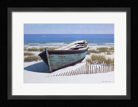 Framed Blue Boat on Beach Print