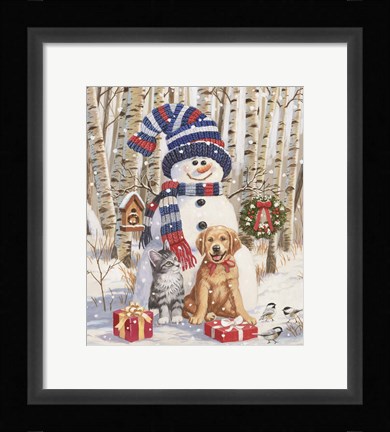 Framed Kitten and Puppy with Snowman Print