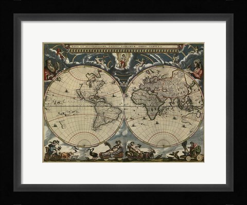 Framed Map of the World by Blaeu 1684 Print