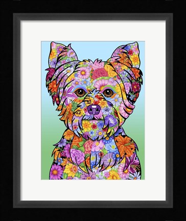 Framed Flowers Yorkie Puppycut Print