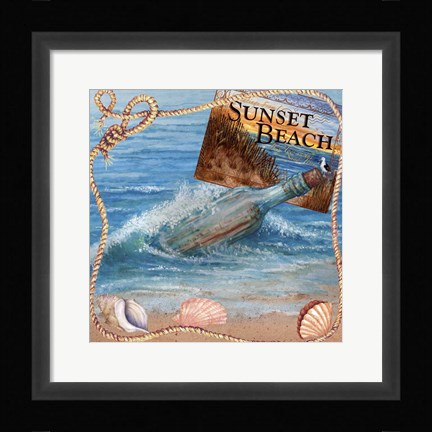 Framed Message In Bottle-Sunset Beach Print