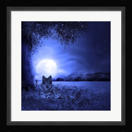Framed Moon Night And Wolf Print