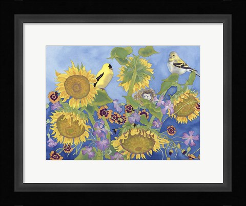 Framed Goldfinches With Sunflowers Print