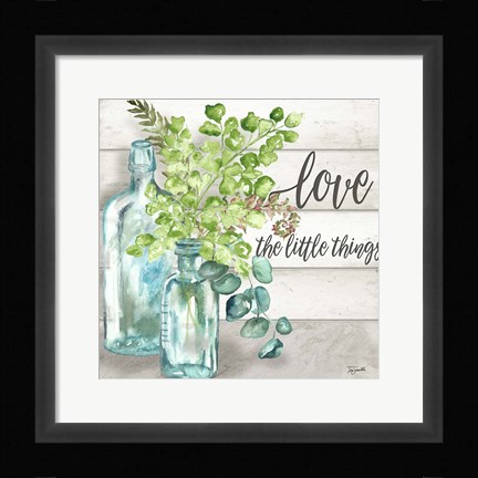 Framed Vintage Bottles and Ferns Square I Print