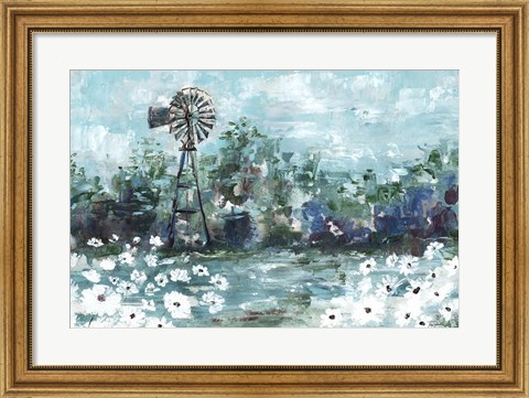 Framed Windmill and Daisies Landscape Print