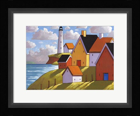 Framed Lighthouse Cottage Hillside View Print