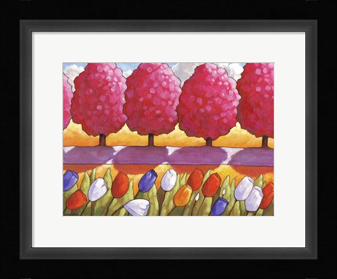 Framed Pink Trees Path &amp; Tulips Print