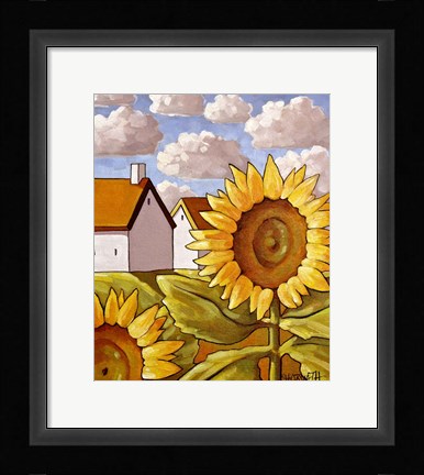 Framed Sunflower &amp; Cottages Scenic View Print
