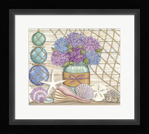 Framed Hydrangea &amp; Seashells Print