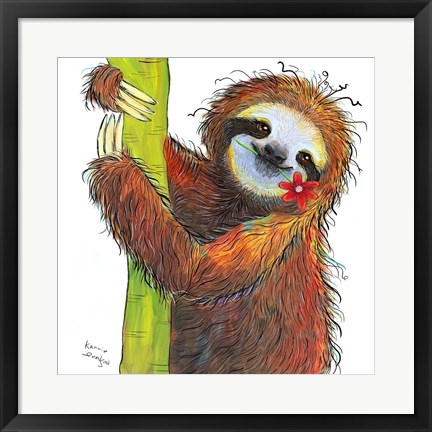 Framed Sloth with Red Flower Print