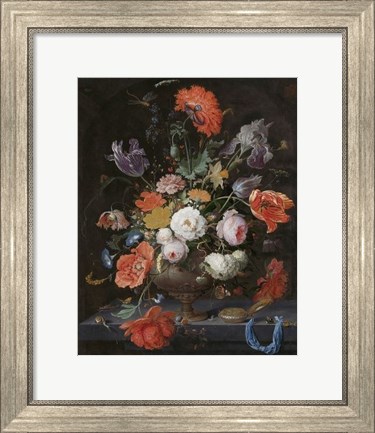 Framed Abraham Mignon, Still Life with Flowers and a Watch Print